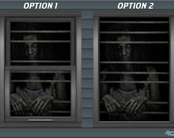 May include: Two window decals featuring a woman with long dark hair behind bars. The woman is wearing a white shirt and has a distressed look on her face. The decals are labeled "Option 1" and "Option 2".