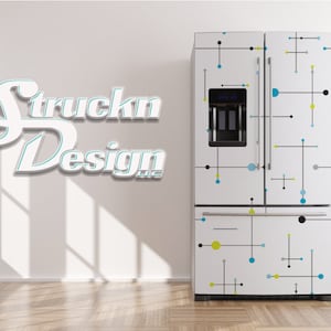 Vintage 50s Atomic Pattern Blue Green Dots Refrigerator Fridge Freezer Wrap Side by Side Top Bottom Door Vinyl Mural Skin Decal Removable