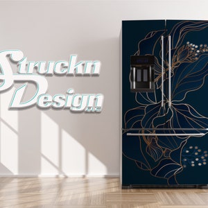 Navy Blue Gold Line Art Flower Lily Refrigerator Fridge Freezer Wrap Side by Side Top Bottom Door Vinyl Mural Skin Decal Removable