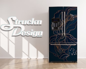 May include: A dark blue refrigerator with a gold floral design. The refrigerator has a built-in water dispenser and ice maker.
