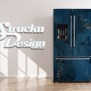 Dark Blue Gold Watercolor Paint Style Refrigerator Fridge Freezer Wrap Side by Side Top Bottom Door Vinyl Mural Skin Decal Removable