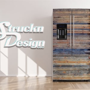 Rustic Wood Planks Tan Blue Barn Style Art Refrigerator Fridge Freezer Wrap Side by Side Top Bottom Door Vinyl Mural Skin Decal Removable