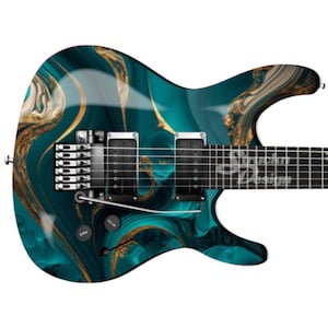 Teal Dark Golden Marble Wave Gitarre Bass Metall Vinyl Wrap Skin Aufkleber Laminat Air Release Bubble Free Grafik Peel & Stick Multi Size