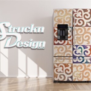 May include: A white refrigerator with a decorative tile design featuring a repeating pattern of swirls and floral motifs in shades of brown, beige, blue, and purple. The refrigerator has a built-in water dispenser and ice maker.