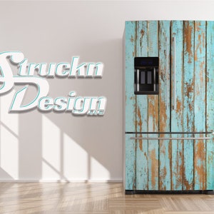 Barn Style Rustic Wood Planks Blue Tan Art Refrigerator Fridge Freezer Wrap Side by Side Top Bottom Door Vinyl Mural Skin Decal Removable