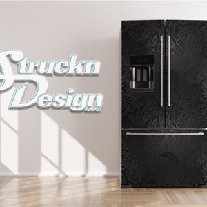 Floral Element Schwarz Geometrisch Luxus Grau Kühlschrank Kühlschrank Gefrierfach Wrap Side by Side Top Boden Tür Vinyl Wandbild Haut Aufkleber abnehmbar