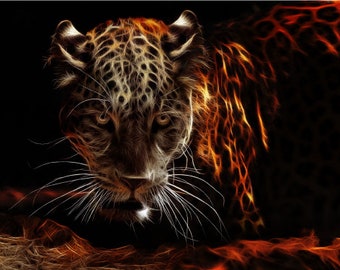 Big Cat Abstract Flames On the Hunt Cat Poster Print Paper OR Wall Vinyl