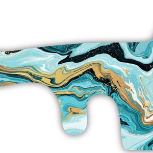May include: A teal, blue, and gold abstract marbled pattern with a keyhole shape.
