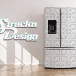Vintage Gray White Ornate Tiles Stone Refrigerator Fridge Freezer Wrap Side by Side Top Bottom Door Vinyl Mural Skin Decal Removable
