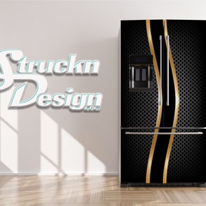 Black Gray Metal Mesh Waving Gold Line Refrigerator Fridge Freezer Wrap Side by Side Top Bottom Door Vinyl Mural Skin Decal Removable