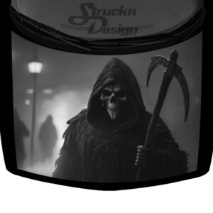 Gray Fierce Skull Skeleton Grim Reaper Design SUV Van Car Pickup Truck Hood Wrap Vinyl Graphic Decal 58&quot;x 65&quot; US Made Cast Laminated Option