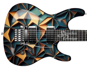 Puede incluir: Una guitarra eléctrica negra con un patrón geométrico de triángulos dorados y turquesa. La guitarra tiene una golpeador negro y un puente negro.