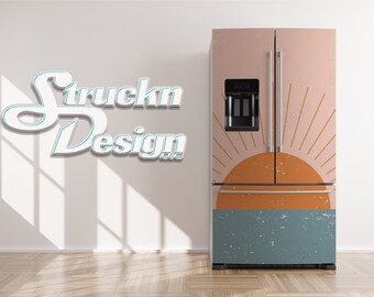 May include: A modern refrigerator with a custom design featuring a stylised sun with orange, pink and blue colours. The design has a vintage, retro feel.
