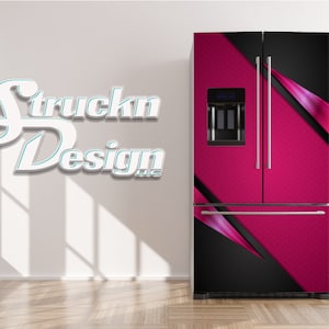 May include: A pink and black refrigerator with a geometric design. The refrigerator has a built-in ice and water dispenser.