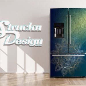 Mandala Green Blue Gold Art Retro Vintage Refrigerator Fridge Freezer Wrap Side by Side Top Bottom Door Vinyl Mural Skin Decal Removable