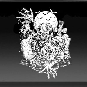 May include: Black and white illustration of a zombie rising from a grave. The zombie has a skull face and is reaching out with its hand. The background includes a full moon and bats.
