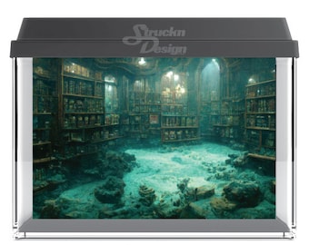 Sea Floor Library Books Cyan Water Underwater 10mil Polyester Fish Tank Glass Backdrop Aquarium Background Waterproof Grey Opaque Backer