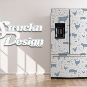 Blue Farmhouse Style Farm Animals  Refrigerator Fridge Freezer Wrap Side by Side Top Bottom Door Vinyl Mural Skin Decal Removable USA