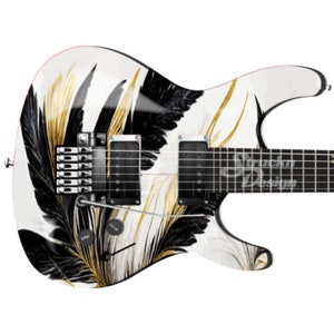 Black Gold White Feathers Luxury Bass Metal Vinyl Guitar Wrap Skin Decal Laminate Air Release Bubble Free Graphic Peel & Stick Multi Size