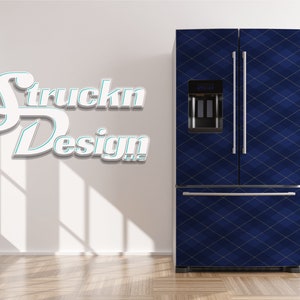 Argyle Plaid Navy Blue Gold Lines Refrigerator Fridge Freezer Wrap Side by Side Top Bottom Door Vinyl Mural Skin Decal Removable