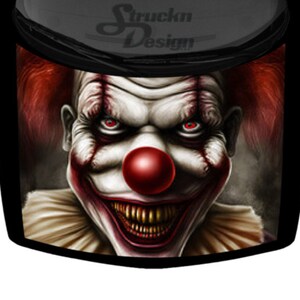 Evil Creepy Smiling Clown Sharp Teeth Dark Red Car Pickup Truck Hood Wrap Vinyl Graphic Decal 58inx65in US Made Cast Laminated Option