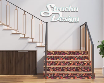 May include: A set of four stair treads with a colorful floral pattern. The treads are made of a durable material and are easy to apply. The pattern features red, orange, yellow, and green flowers on a dark brown background.