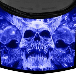 Three Horned Demon Skulls Truck Car Graphic Hood Wrap Vinyl Decal Purple Blue 58&quot; x 65&quot; USA Made Cast Laminated Option