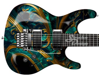 Jade Green Golden Accents Lines Guitar Bass Metal Vinyl Wrap Skin Decal Laminate Air Release Bubble Free Graphic Peel & Stick Multi Size