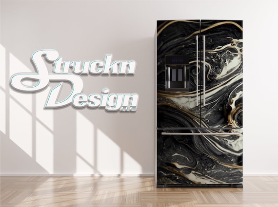 Black White Water Marble Swirl Gold Refrigerator Fridge Freezer