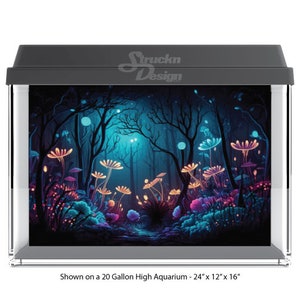 Mystical Magical Forest Mushroom Light Cyan Grove 10mil Polyester Aquarium Tank Glass Backdrop Background Waterproof Grey Opaque Backer
