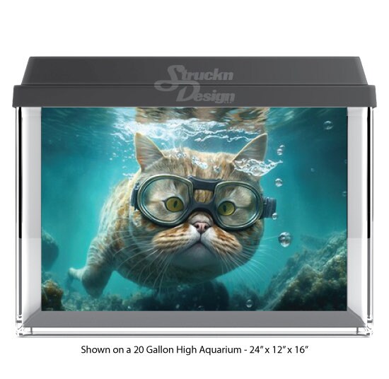 Orange Cute Cat Goggles Swimming Underwater Dark 10mil Polyester Fish Tank Glass Backdrop Aquarium Background Waterproof Grey Opaque Backer