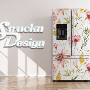 Pink Yellow Watercolor Wildflower Pattern Refrigerator Fridge Freezer Wrap Side by Side Top Bottom Door Vinyl Mural Skin Decal Removable