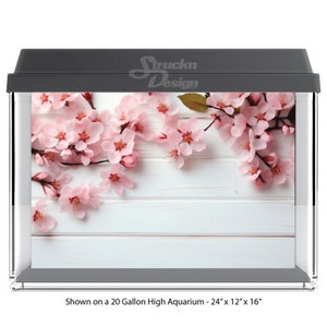 Puede incluir: Flores de cerezo rosas en cascada sobre un fondo de madera blanca. El fondo es un acuario alto de 20 galones, que mide 61 cm por 30 cm por 41 cm.