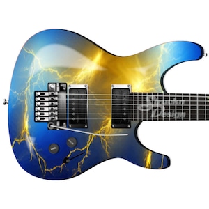 Lightning Bolt Golden Blue Electric Bass Metal Vinyl Guitar Wrap Skin Decal Laminate Peel & Stick Bubble Free Air Release Graphic Multi Size