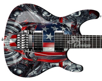 American Flag Skull Chrome US Mechanical Machine Bass Metal Vinyl Guitar Wrap Skin Decal Laminate Peel Stick Bubble Free Air Release Graphic