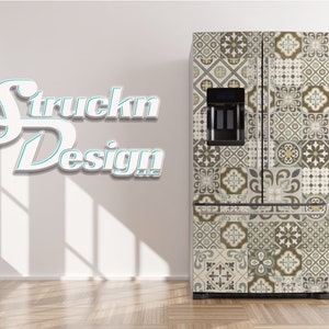 May include: A white refrigerator with a decorative tile pattern in shades of brown, beige, and green. The tile pattern is reminiscent of traditional Moroccan or Spanish tile designs.