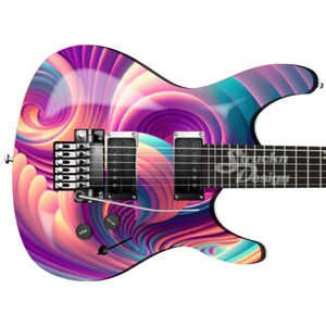 May include: A pink, blue, and yellow electric guitar with a swirling abstract design. The guitar has a black body and a black neck.
