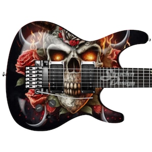 Demon Skull Horns Flames Red Roses Bass Metal Vinyl Guitar Wrap Skin Decal Laminate Air Release Bubble Free Graphic Peel & Stick Multi Size