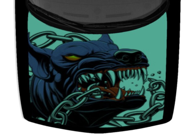 Angry Dog Broken Chain Dark Vivid Teal Cyan White Truck Car Hood Wrap Vinyl Graphic Decal Print 58inx65in US Made Cast Laminated Option