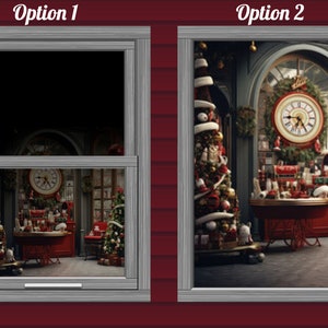 May include: Two images of a window with a view of a Christmas-themed shop interior. The first image shows a black screen. The second image shows a decorated Christmas tree, a table with gifts, and a large clock.