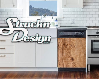 May include: A white kitchen with white cabinets, a white farmhouse sink, and a stainless steel stove. The dishwasher has a wood panel front with a unique wood grain pattern. The text "Struckn Design LLC" is visible in the image.