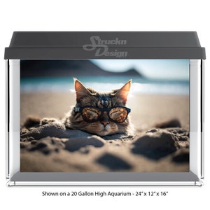Lustige Katze Chilling Sandy Strand Sonnenbrille Ozean 10mil Polyester Aquarium Glas Hintergrund Aquarium Hintergrund Wasserdicht Grau Opak Backer