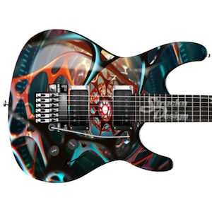 Teal Orange Techno Abstract 3D Line Bass Metal Vinyl Guitar Wrap Skin Decal Laminate Air Release Bubble Free Graphic Peel & Stick Multi Size