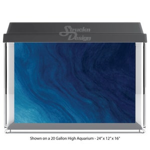 May include: A blue and white abstract background aquarium backdrop. The backdrop is shown in a 20-gallon high aquarium, measuring 24 inches by 12 inches by 16 inches.  The backdrop is designed to create a realistic underwater scene.