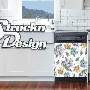 Floral Cyan Blue Yellow Green Pattern Dishwasher Wrap Dishes Front Door Vinyl Mural Skin Decal Removable