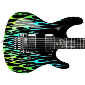 Cyan Green Flames Fire Black Guitar Bass Metal Vinyl Wrap Skin Decal Laminated Air Release Bubble Free Graphic Peel & Stick Multiple Sizes