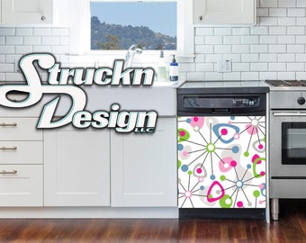 Mid Century Modern Atomic Star Pink Green Zmywarka Wrap Naczynia Drzwi wejściowe Vinyl Mural Naklejka Skórzana Zdejmowana