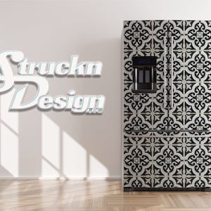 May include: A stainless steel refrigerator with a black and white patterned design. The pattern is a repeating geometric design with a Moroccan or Spanish tile aesthetic.