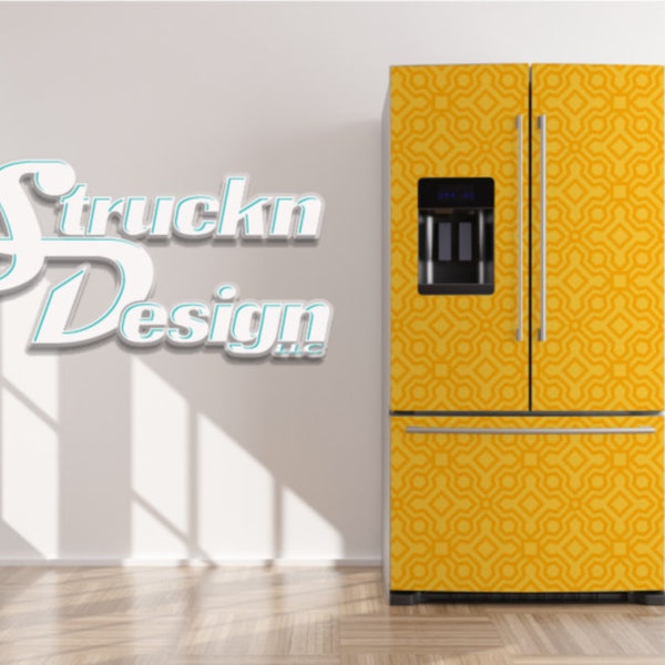 Yellow Pattern Design Refrigerator Fridge Freezer Wrap Side by Side Top Bottom Door Vinyl Mural Skin Decal Removable