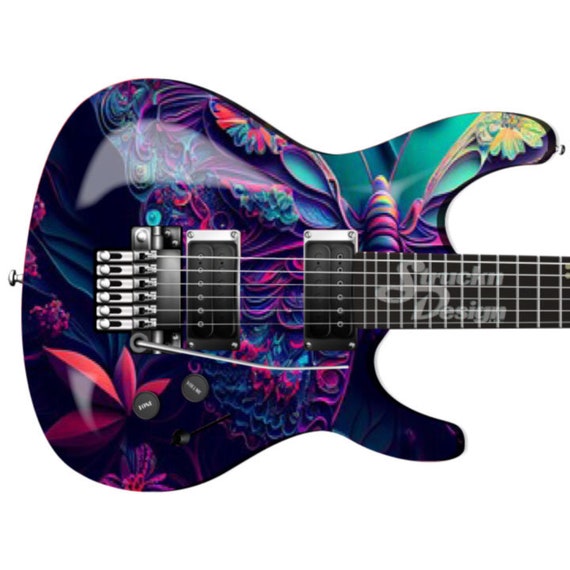 Butterfly Intricate Floral Purple Guitar Bass Metal Vinyl Wrap